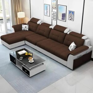 Luxury L Shape LHS Sofa For Living Room In Premium Fabric (Brown Grey)