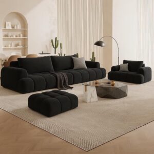 Modern Sectional Sofa Set with Ottoman, 3-Seater Upholstered Fabric Couch, Tufted Cushions, Italian Minimalist Corner Sofa for Living Room (Black)