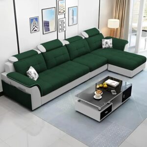 Ripple FURNITURE Luxury RHS L Shape Sofa Set For Living Room in Premium Fabric (Green Grey)