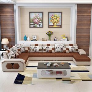 Ripple FURNNITURE U Shape 9 Seater Modern Interchangeable Fabric Sofa Set with 4 Puffy (Right, Beige & Brown)