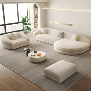 Ripple Furniture Luxury L-Shape Sofa Set – Ultra-Soft Fleece Fabric Overstuffed Sectional with Footstool & Corner Units | Modular Right Corner Sofa with Single Seater & Ottoman for Modern Living Rooms