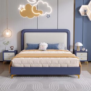 Kids Single Bed Frame , Navy Blue Upholstered Platform Bed with Cream Padded Headboard, Rounded Edges and Gold Legs, Modern Children Bedroom Furniture for Boys and Girls
