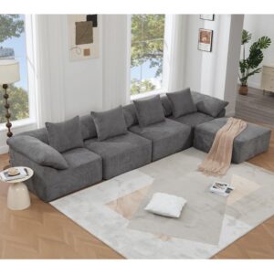 Modular Sectional Sofa in Grey, L-Shape with Chaise, Soft Woven Fabric, Deep Seating, Includes Pillows, 5-Piece Set