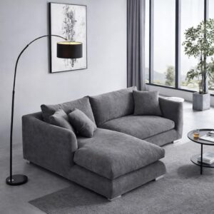L-Shaped Sectional Sofa with Chaise Lounge, Dark Grey, Upholstered Fabric, Deep Seat, 3-Seat, Contemporary Style, for Living Room and Apartment