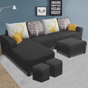 8 Seater LHS Shape Sofa Set For Living Room (Black Fabric)
