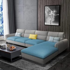 RHS 6 Seater L Shape Sofa Set For Living Room (Sky Blue Grey Fabric)