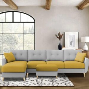 Luxury 6 Seater L Shape Sofa Set For Living Room In Premium Fabric (LHS, Yellow Grey)