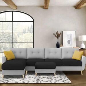 Luxury 6 Seater L Shape Sofa Set For Living Room In Premium Fabric (LHS, Black Grey)