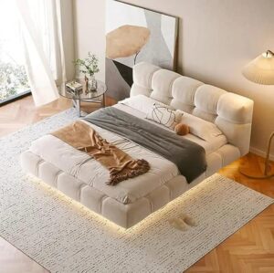 Ripple FURNITURE Modern Platform Bed Frame, Beige Upholstered Wood, King Size 190x220cm, Tufted Headboard Design, Fleece Fabric Finish