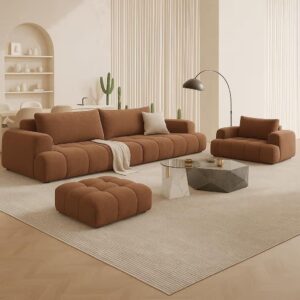 Modern Sectional Sofa Set with Ottoman, 3-Seater Upholstered Fabric Couch, Tufted Cushions, Italian Minimalist Corner Sofa for Living Room (Brown)