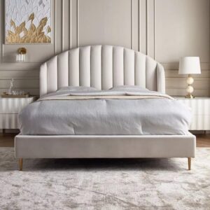 Ripple Furniture Swirl Modern Platform Bed Frame with Curved Channel-Tufted Headboard, Beige Upholstered, Gold Metal Legs, No Box Spring Needed