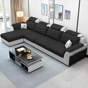 Luxury L Shape LHS Sofa For Living Room In Premium Fabric (Black Grey)