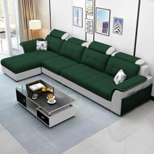 Luxury L Shape LHS Sofa For Living Room In Premium Fabric (Green Grey)