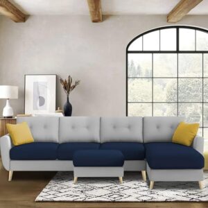 Ripple FURNITURE Luxury 6 Seater L Shape Sofa Set For Living Room In Premium Fabric (RHS, Blue Grey)