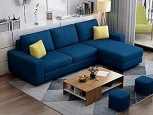Wooden L Shape RHS Sofa With 2 Puffy (Blue Fabric)