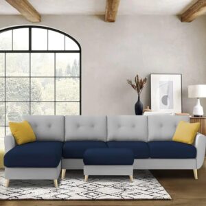 Luxury 6 Seater L Shape Sofa Set For Living Room In Premium Fabric (LHS, Blue Grey)