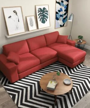Ripple FURNITURE L-Shaped Sectional Sofa, Modern Square Arms, Lime Green Fabric, with Decorative Pillows (Wine Red)