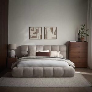 Ripple FURNITURE Modern Upholstered Platform Bed Frame, Beige, King Size, Soft Fabric Headboard, Low Profile Design, Wood Construction