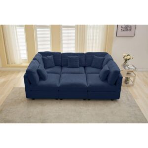 Ripple Furniture 6-Piece Corduroy Sleeper Sectional Sofa with Modular Design & Reversible Cushions – Convertible Sofa Bed with Storage & Pillows – Modern L-Shaped Couch for Living Room (Dark Blue)