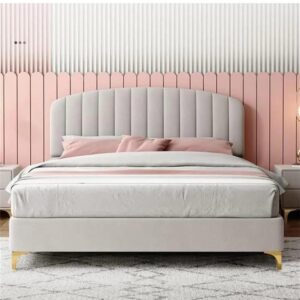 Ripple Furniture Modern Velvet Platform Bed Frame, Grey, Wood Construction, King Size, Channel-Tufted Headboard, Antique Style, Gold-Tipped Legs, 248x89cm