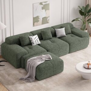 Ripple Furniture Modern L-Shaped Modular Sectional Sofa – 4-Seater Convertible Chenille Cloud Couch with Ottoman, Boneless Living Room Couches, No Assembly, Luxury Sofa Set (Green)