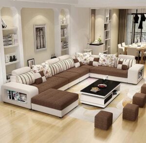 Ripple FURNITURE Modern Sectional Sofa Set, Brown and White, with Storage Ottomans