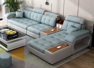 Ripple Furniture L-Shaped Sectional Sofa, 350 x 180 cm, Tufted Design with Wooden Console, Light Blue and Grey