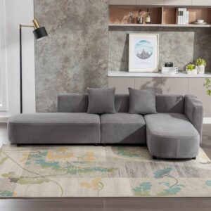Ripple FURNITURE 3 Piece Living Room Sectional Sofa Set, L Shape Upholstery Love Seats Couch with Chaise and and 2 Pillows for Home Apartment (Grey)