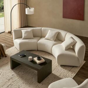 Ripple FURNITURE Modern Curved Sectional Sofa, Upholstered Cream Fabric, Living Room Furniture withThrow Pillows