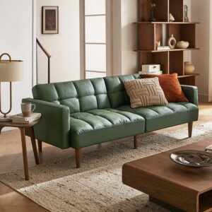 Ripple FURNITURE Small Sofa, Futon, Sofa Bed, Sleeper Sofa, Loveseat, Mid Century Modern Futon Couch, Sofa Cama, Couches for Living Room, Bedroom (Green Leather)
