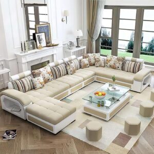 Ripple FURNITURE  U Shape 9 Seater Modern Interchangeable Fabric Sofa Set with 4 Puffy (Left, Beige & White)