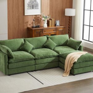 Ripple FURNITURE Modern Modular Sectional Couches,3 Seat L-Shaped Chenille Fabric Sofa Set with Movable Ottomans Sleeper Sofa for Living Room Bedroom Apartment (Green)