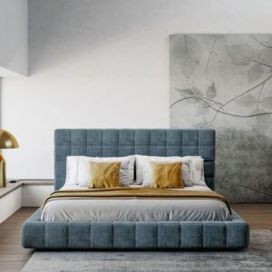 Square Patterned Bed With High Headboard In Queen King Size 218 X 44 X 47 Cm Brown FOS-FUAE-1437-1M