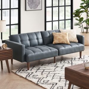 Ripple FURNITURE Small Sofa, Futon, Sofa Bed, Sleeper Sofa, Loveseat, Mid Century Modern Futon Couch, Sofa Cama, Couches for Living Room, Bedroom (Dark Grey Leather)