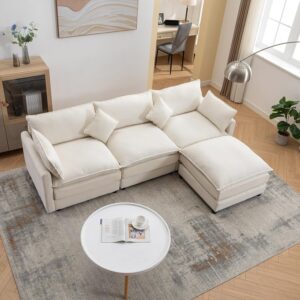 Ripple FURNITURE Modern Modular Sectional Couches,3 Seat L-Shaped Chenille Fabric Sofa Set with Movable Ottomans Sleeper Sofa for Living Room Bedroom Apartment (White)